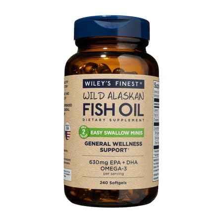Wiley's Finest Wild Alaskan Fish Oil Easy Swallow Minis - Supplément d'huile de poisson Omega-3 pour adultes et enfants - Double-longueur 630mg EPA et DHA Natural Supplément - 240 Mini Softgels (120 portions)