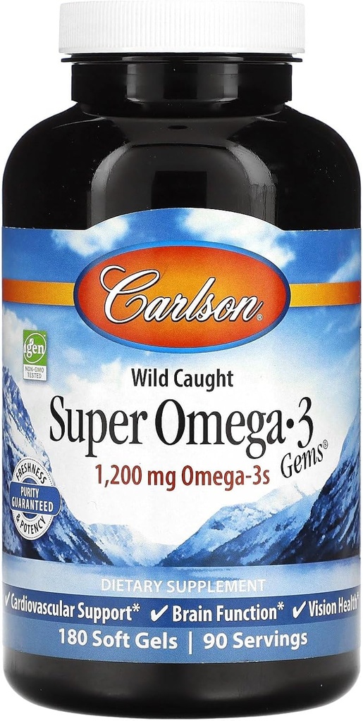 Carlson - Super Omega-3 Gems, 1200 mg Omega-3s, Soutien cardiovasculaire, Fonction cérébrale et santé de la vision, 180 gels mous
