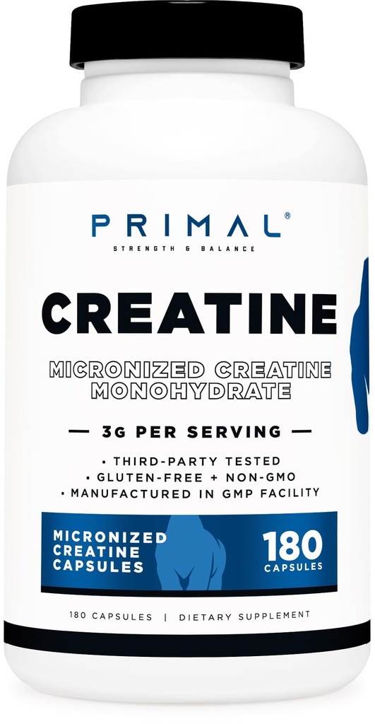 Primal Creatine Monohydrate (3 000 Mg, 180 capsules) - Supplément de créatine micronisé, 750mg par gélule, parfait pour pré-entraînement et récupération - Sans gluten, sans OGM
