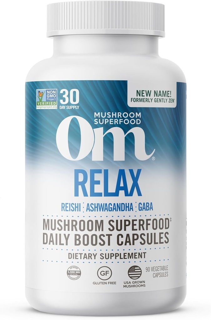 OM MUSHROOM SUPERFOOD Relax Mushroom Capsules, 90 Comte, 30 Jours, Reishi Mushrooms, Ashwagandha, GABA, L-Theanine, Magnésium, Adaptogènes pour support de stress (Ancienment doux Zen, emballage May Vary)