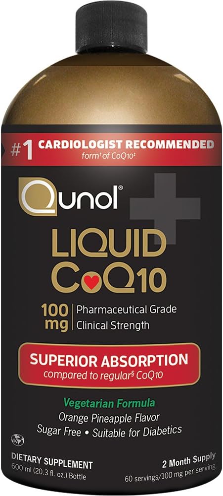 Qunol Liquid CoQ10 100mg, Absorption supérieure Forme de supplément naturel de Coenzyme Q10, Antioxydant pour la santé cardiaque, Aromatisé à l'ananas orange, 60 portions, 20.3 oz bouteille