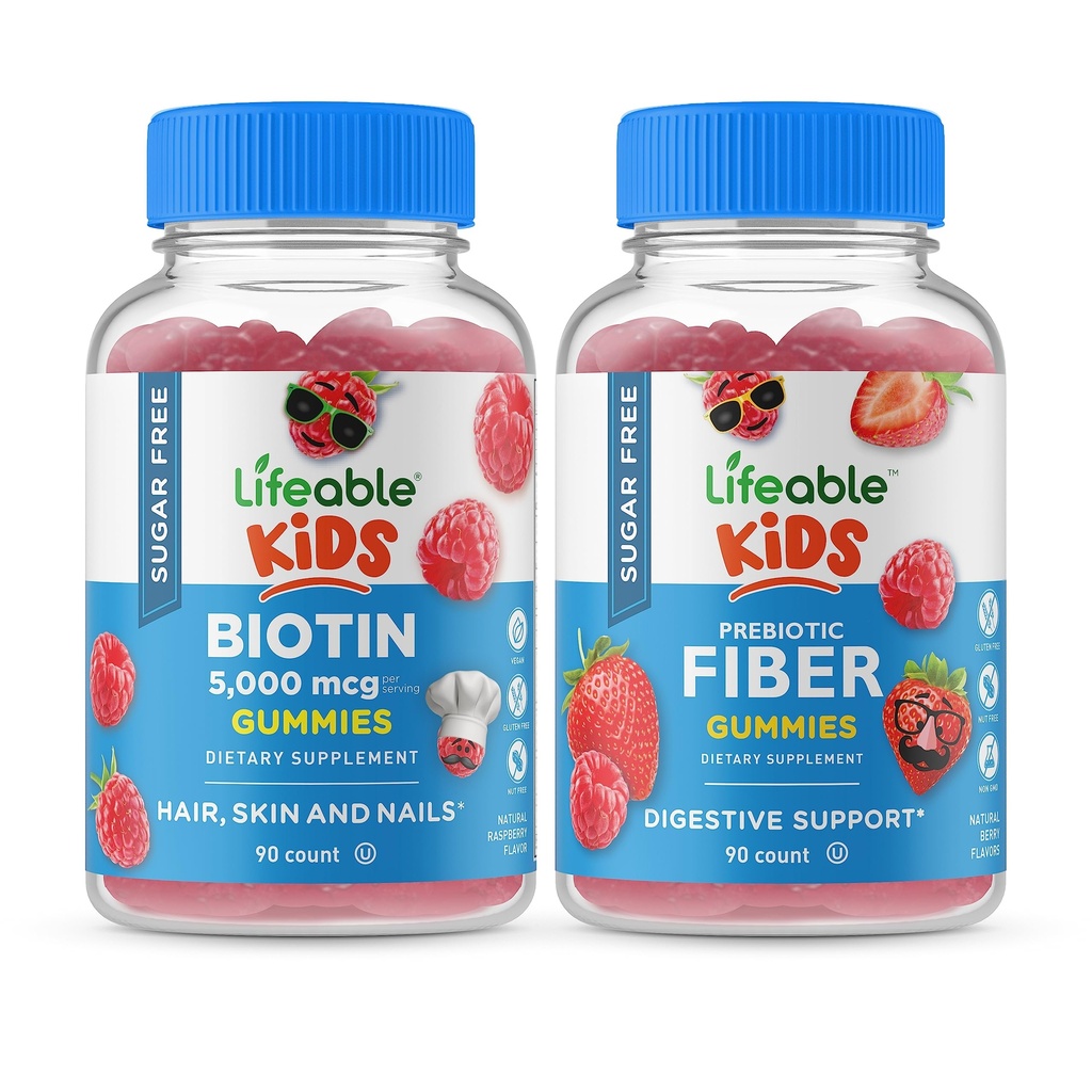 Biotine Lifeable Sans Sucre Enfants + Fibre Préciotique Enfants, Gommies Bundle - Grande dégustation, supplément de vitamine, sans gluten, sans OGM, Gummy à croquer