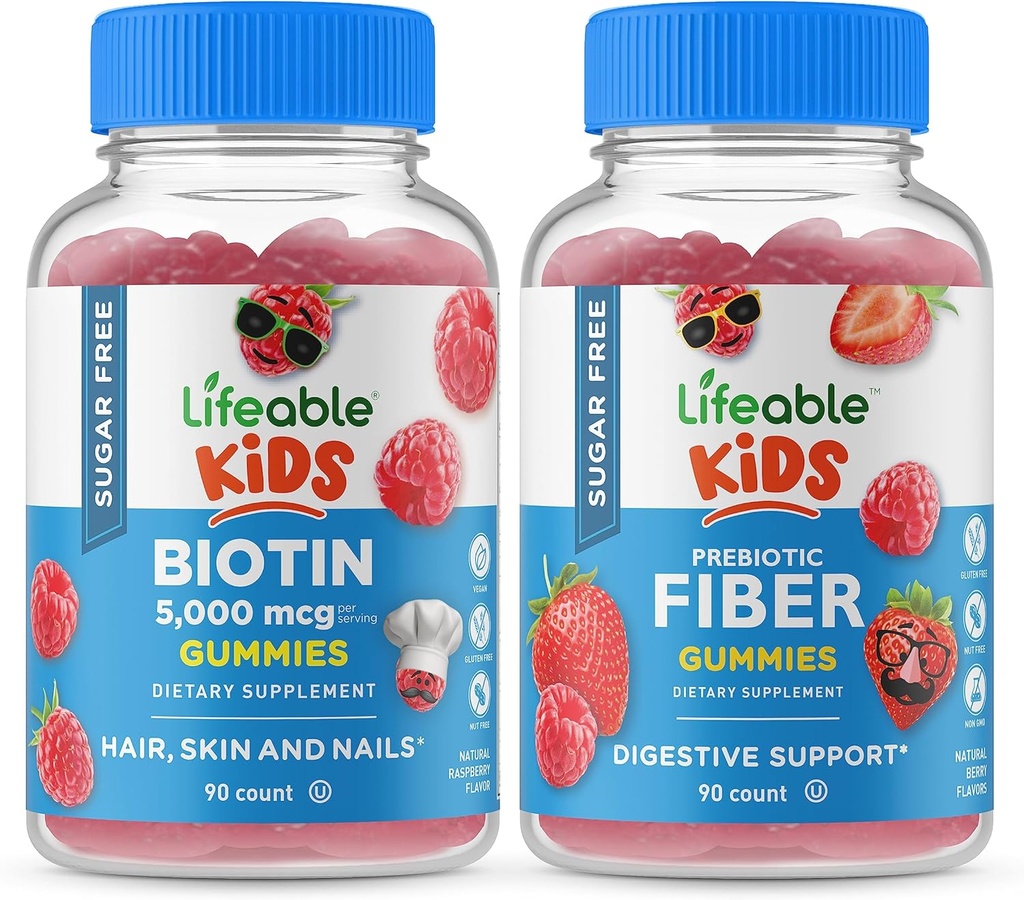 Lifeable Sugar Free Biotin Kids + Preciotic Fiber Kids, Gummies Bundle - Great Tasting, Vitamin Supplement, Gluten Free, GMO Free, Chewable Gummy