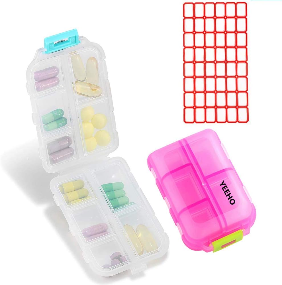 Pill Case (2 Pack) - Portable Petit Suppléments Comprimé Boîte de récipient avec 10 Compartiments - Capsule de médecine Vitamine Organisateur Support de distributeur Stockage pour Voyage Voyage Poche Purse (Pink+White)