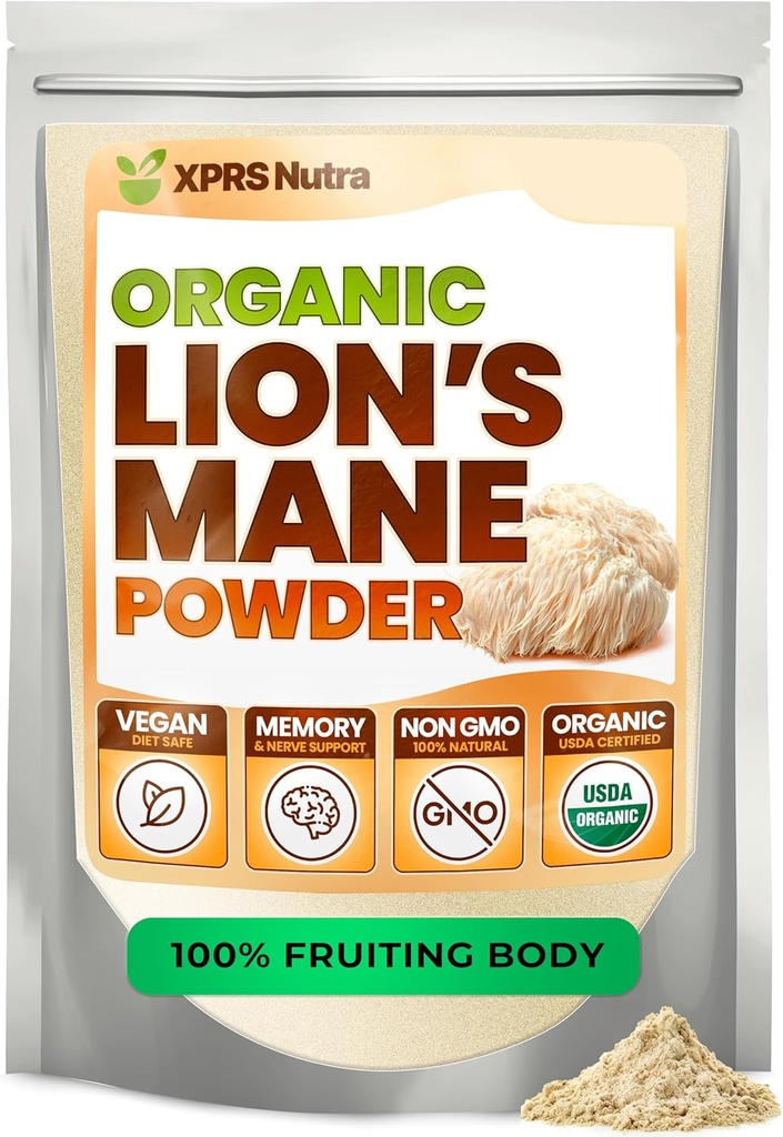 XPRS Nutra Bio Lion's Mane Mushroom Powder - Premium pour la clarté mentale, la cognition et l'immunité - Vegan Friendly (16 oz)