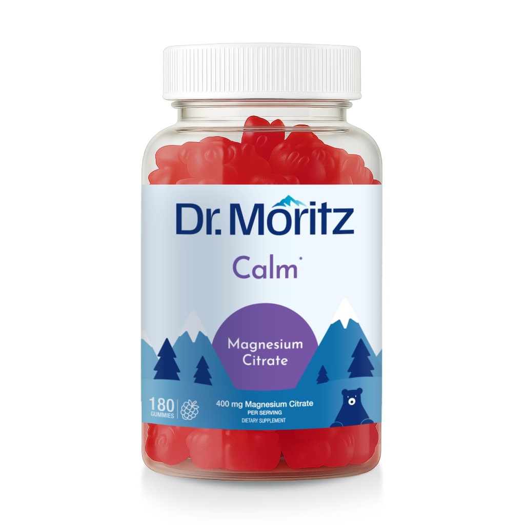 Dr Moritz Magnesium Gummies for Adults - Low-Sugar 400 mg - Soutient le sommeil reposant- Facile à mâcher adulte et enfant Magnesium Citrate Gummies (180 Comte) - Aromatisé aux framboises