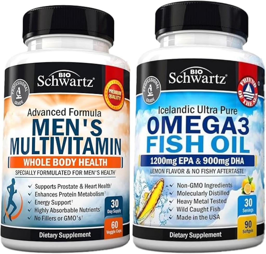 Advanced Daily Men's Multivitamin with Vitamin C A B D3 E and Zinc (1 Month Supply) Plus Triple Strength Omega 3 Fish Oil Softgels (1 Month Supply)