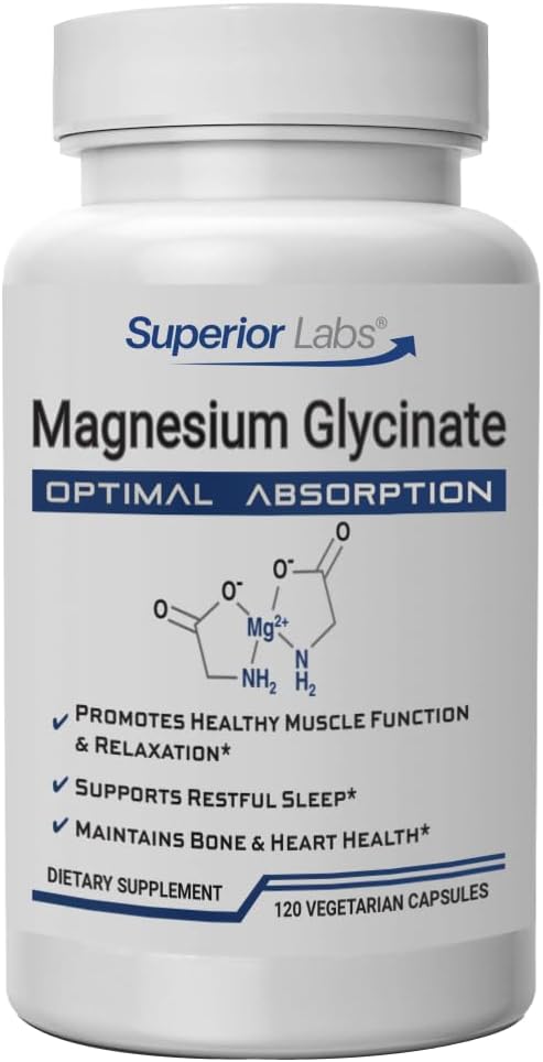 Superior Labs Magnésium Glycinate 1250 mg, haute absorption, pur non-OGM, soutient la qualité du sommeil, les crampes musculaires, les os et la santé cardiaque, 120 capsules de vég.