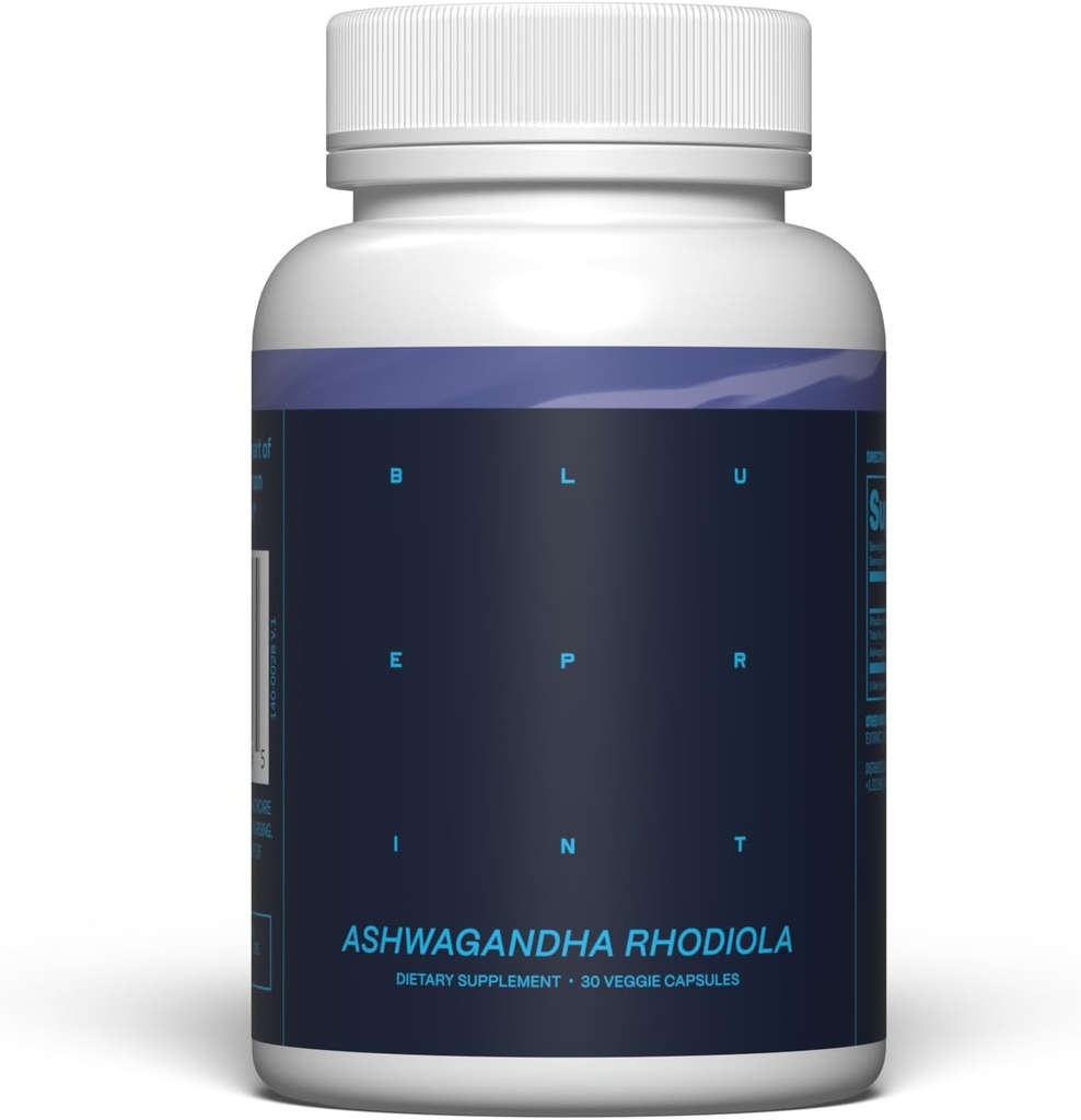 Blueprint Bryan Johnson Ashwagandha & Rhodiola Supplément – 120mg Ashwagandha + Rhodiola Racine – Capsules adaptogènes quotidiennes pour le soutien du stress, équilibre de l'humeur, énergie et focus – 30 Capsules Vegan