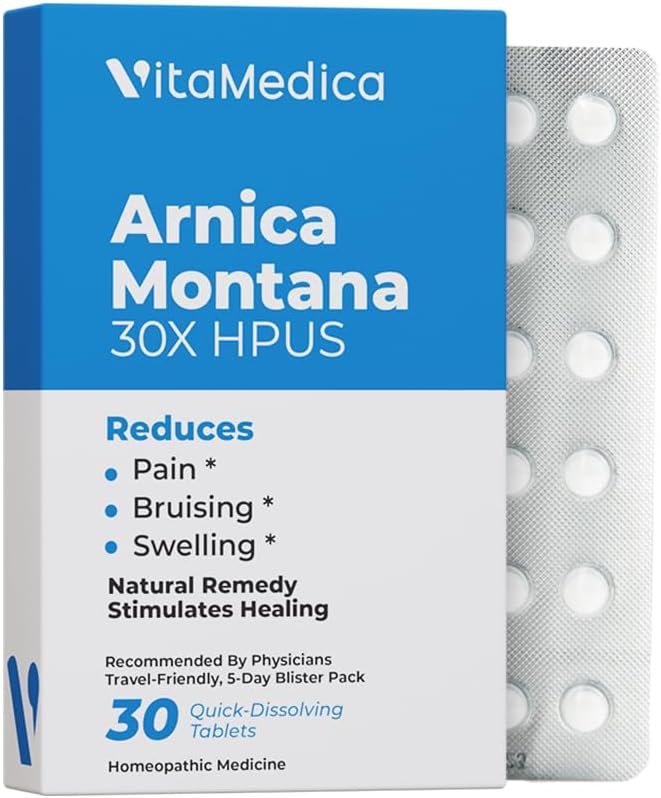 Arnica Montana 30X HPUS, Grade clinique, Comprimés à dissolution rapide, Paquet de récupération de cinq jours pour soulager la douleur et les ecchymoses après chirurgie ou blessure, guérison naturelle, doux sur l'estomac - 30 comte