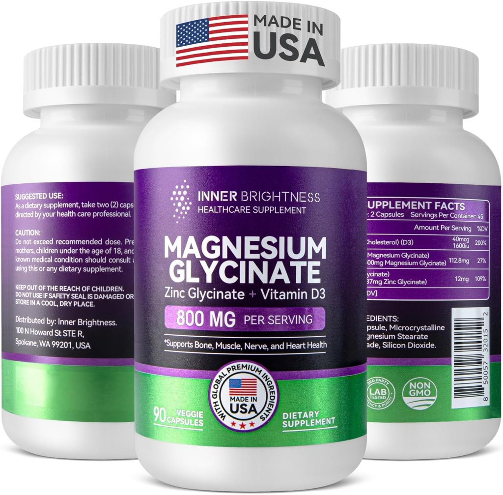 Glycinat de magnésium - Supplément de magnésium avec du zinc et de la vitamine D3 pour le soutien immunitaire, os et musculaire et la santé cardiaque - Non-OGM, sans gluten, doux sur l'estomac - 90 capsules végétariennes