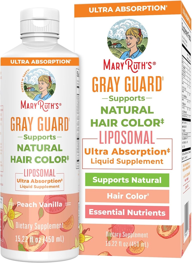 MaryRuth Organics Gray Guard Liposomal, soutient la couleur naturelle des cheveux, avec le cuivre et l'acide pantothénique, le basilic saint et les herbes traditionnelles, la vitamine E et la vitamine B pour la santé globale, 18 ans et plus, 15.22 Fl oz