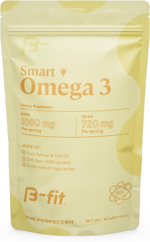 B-FIT Omega 3 Huile de poisson - Formule brevetée à haute puissance - 1800 mg avec 1080 mg EPA et 720 mg DHA - 180 Softgels sans odorants du saumon norvégien - 60 jours d'approvisionnement - Soutien cardiaque, cérébral et articulaire