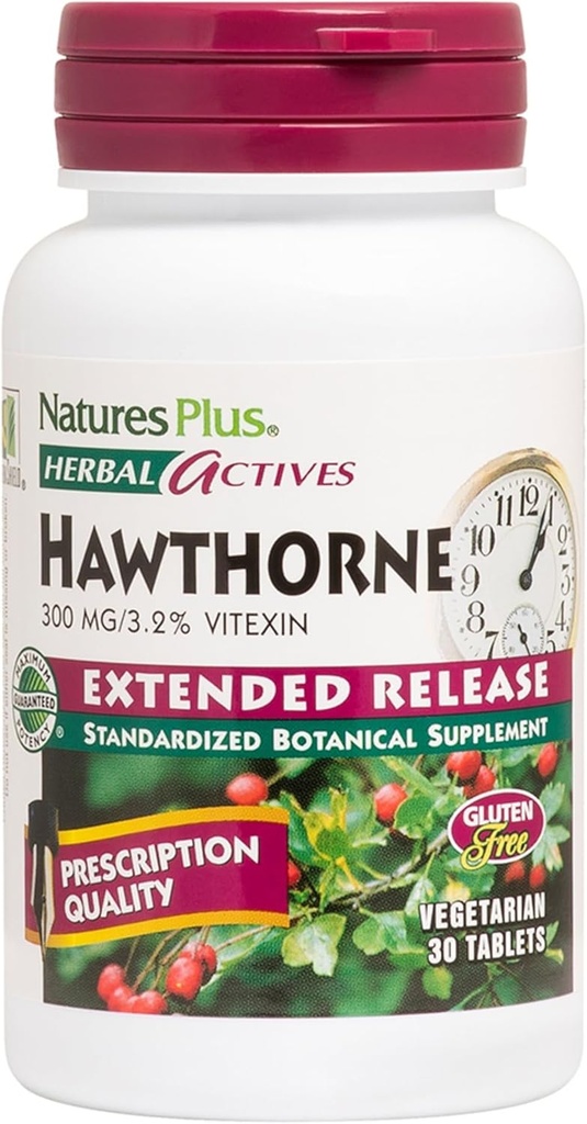 Natures Plus Herbal Actives Hawthorne - 300mg, 3,2 % Vitexine, 30 comprimés végétaliens - 30 portions