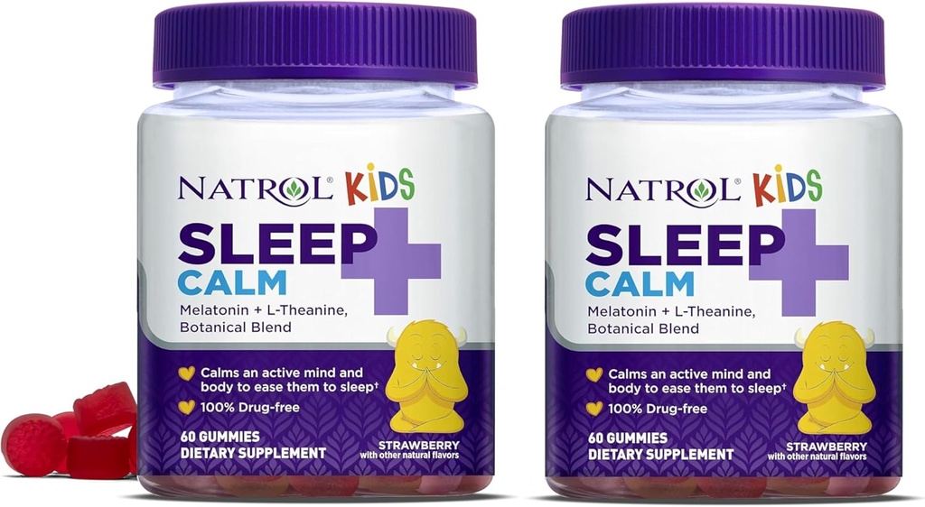 Natrol Kids Sleep+ Calme, Mélatonine et L-Theanine, Gummies d'aide au sommeil avec mélanges botaniques, 100% sans drogue, 60 Compte (paquet de 2)
