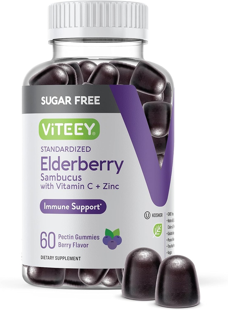 VITEEY Sambucus Elderberry Gummies for Adults & Teens + Zinc & Vitamin C - Sugar Free - Immune Support & Booster Herbal Supplement - Vegan, Gluten Free, Gelatin Free, GMO Free, Chewable Berry Flavored
