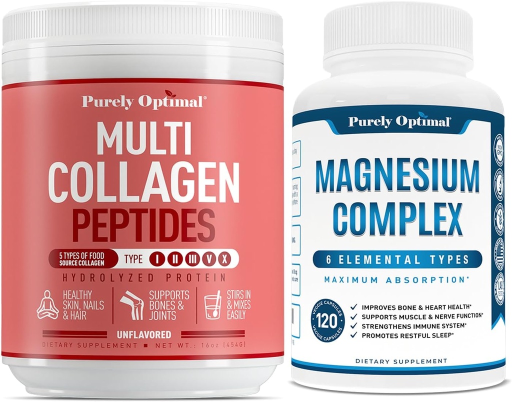 Poudre Multi Collagène Purely Optimal Premium + Complexe Magnésium Premium - Citrate de magnésium, Malédiction musculaire - 120 capsules