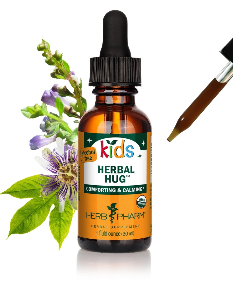 Herb Pharm Organic Kids Herbal Hug: Support du système nerveux avec Crânecap, Passionflower, Mullein & Graines d'avoine.