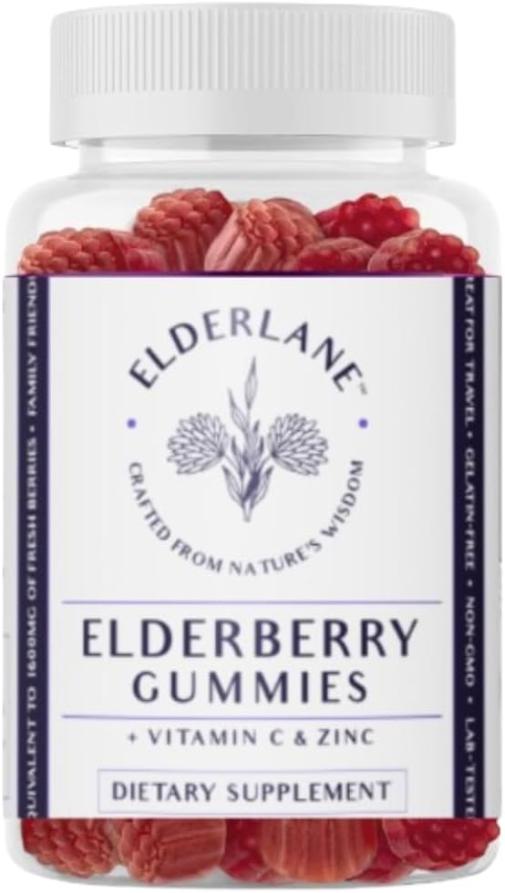 Gummies Elderberry Elderlane pour adultes et enfants - Soutien immunitaire - Non-OGM, végétalien, sans gluten, sans gélatine - 60ct, 100mg