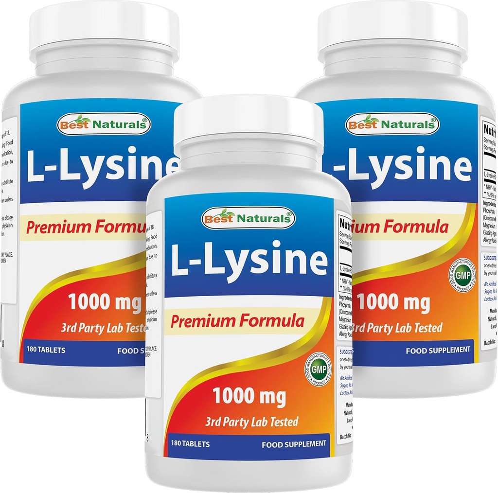 Meilleurs comprimés naturels L-Lysine 1000mg 180 (180 Nombre (paquet de 1)) (3 bouteilles)