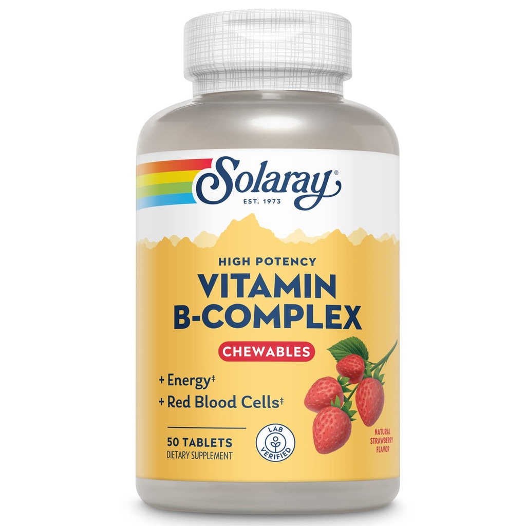 SOLARAY Vitamin B-Complex Chewables, Strawberry, Healthy Energy, Red Blood Cell, Stress & Metabolism Support, 50 Tablets