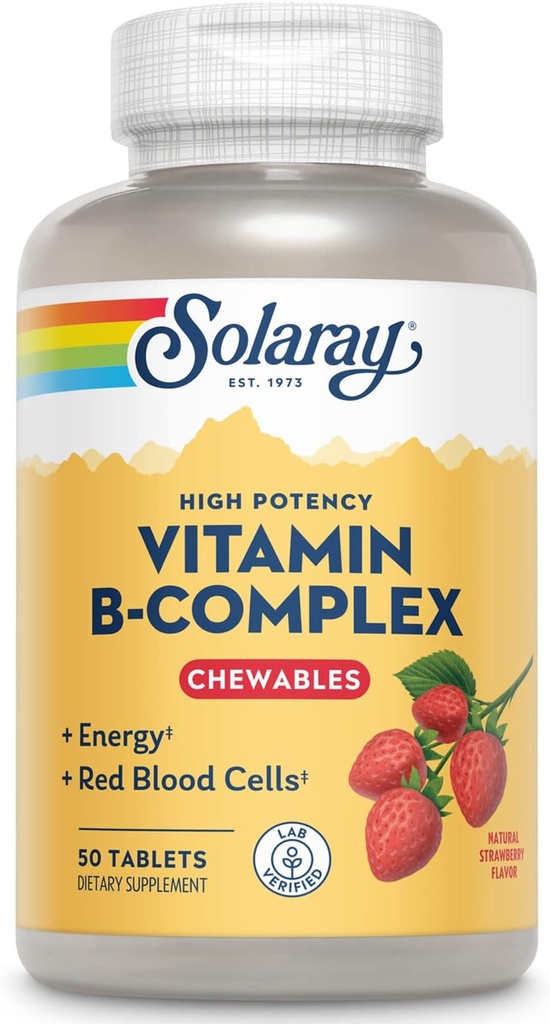 SOLARAY Vitamine B-Complex Chewables, fraise, énergie saine, globule rouge, support du stress et du métabolisme, 50 comprimés