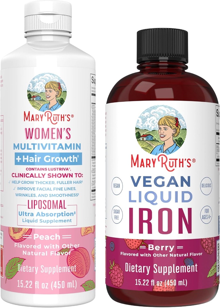 MaryRuth's Women's Multivitamin + Hair Growth Liposomal (Peach) & Iron Liquid (Berry) | Clean Label Project Verified® | Supplements for Beauty, Immunity, & Overall Health | Vegan, Non-GMO, Gluten-Free