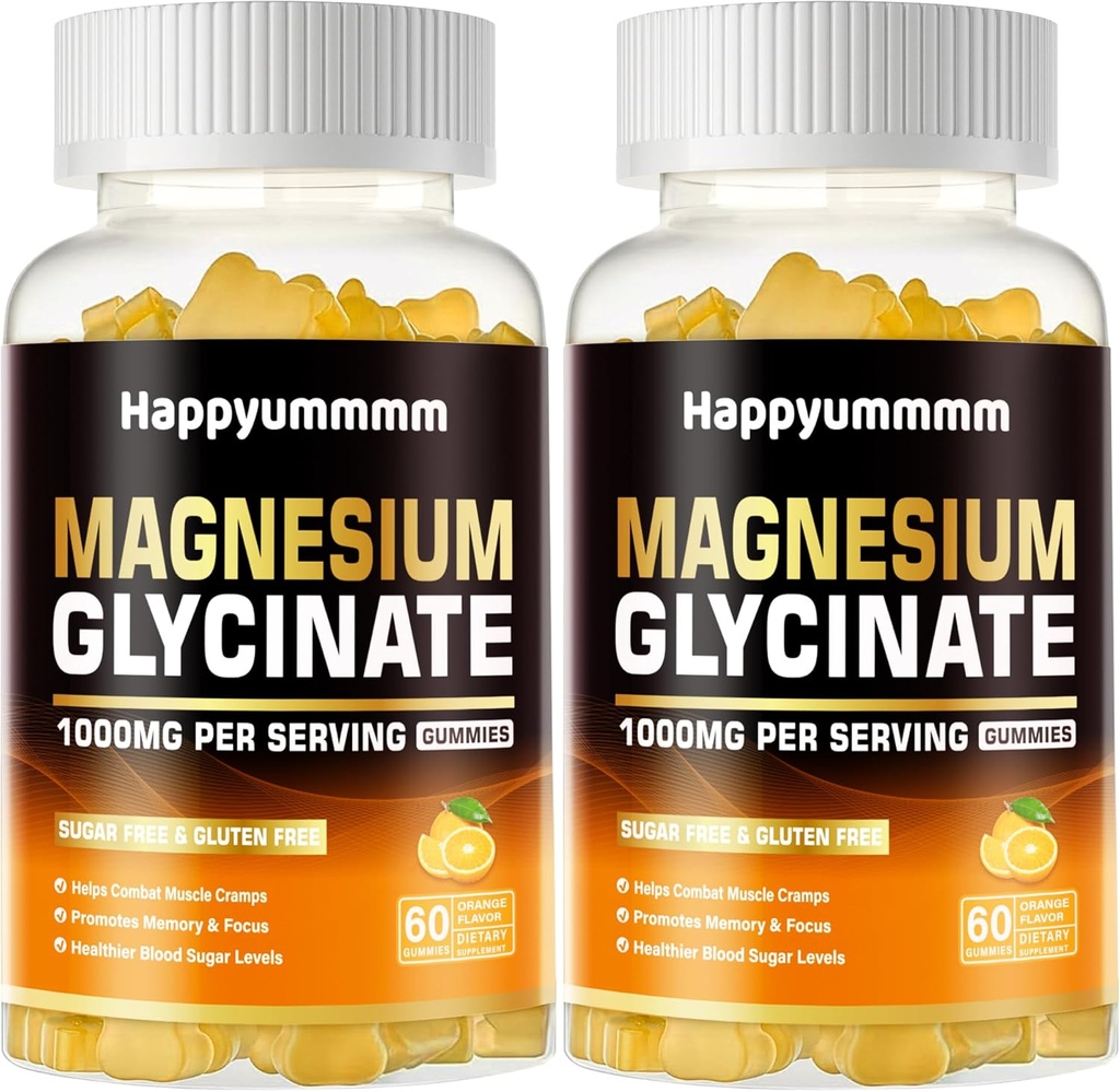 Glycinat de magnésium Gommies 1000mg - Supplément de potassium de magnésium sans sucre avec vitamine D, B6, CoQ10 pour calme d'humeur et de sommeil - 120 Gommies orange.