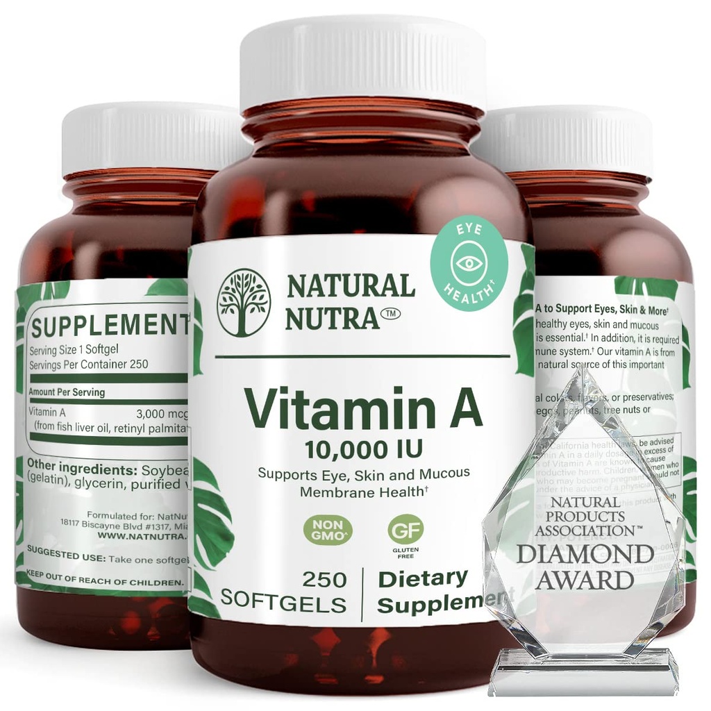 Vitamine Nutra naturelle A 10 000 UI de softgels – Vitamines oculaires et cutanées de haute puissance – Supplément de vitamine A sans gluten pour la vue et la santé de la peau – Huile de foie de poisson pour les hommes et les femmes, sans gluten, 250 softgels