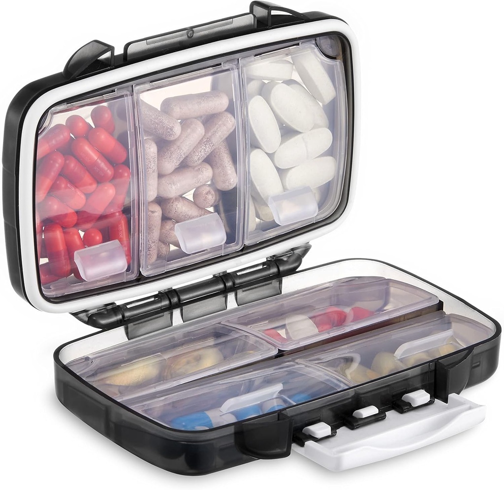 Fullicon Portable Pill Organizer Weekly, petit cas de pilule de voyage avec 7 compartiments, étanche et hermétique boîte à pilules, support de pilule de voyage pour les vitamines/huiles de poisson/compléments