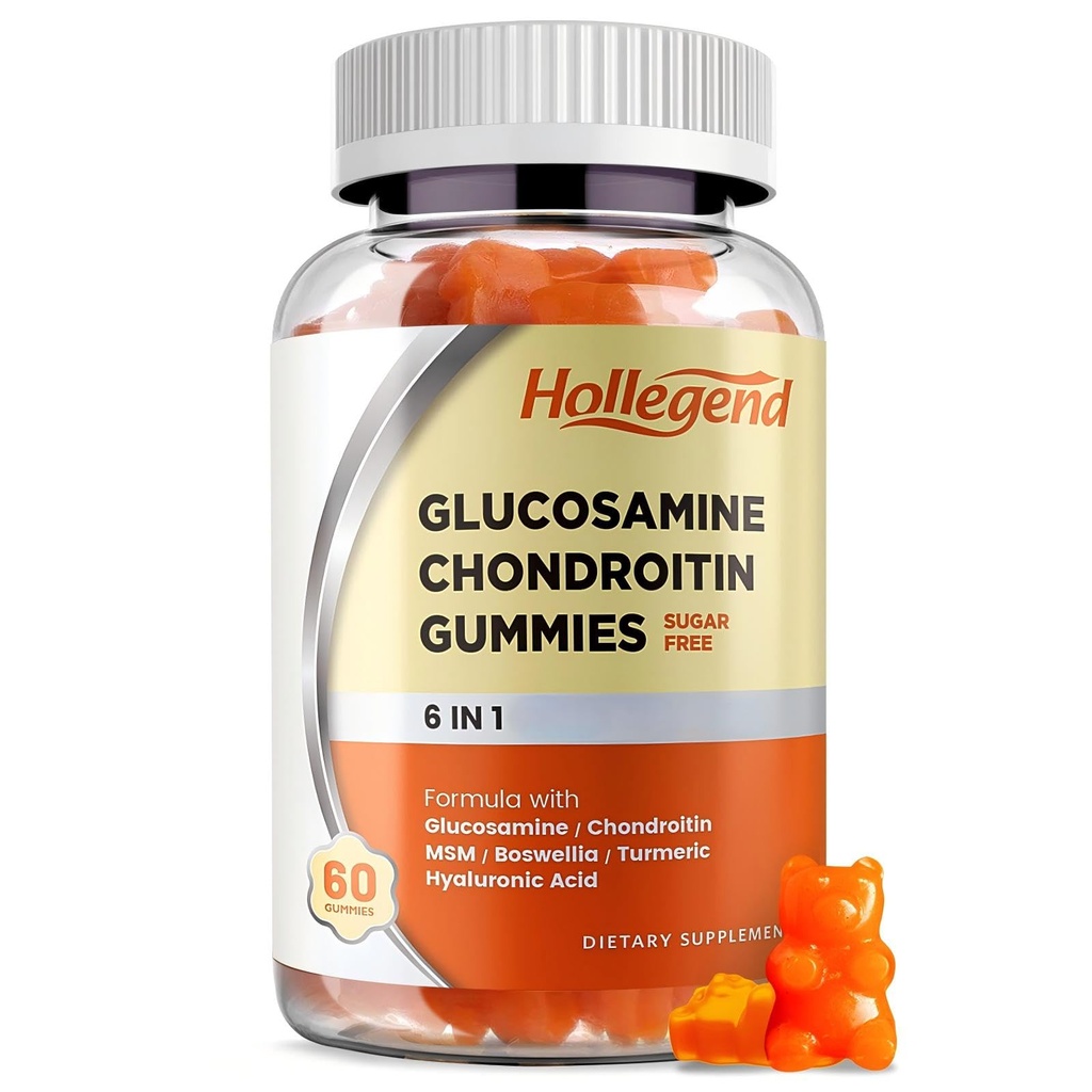 Glucosamine Chondroïtine Gummies sans sucre, Suppléments de Gummies pour adultes hommes et femmes, 60 comtes