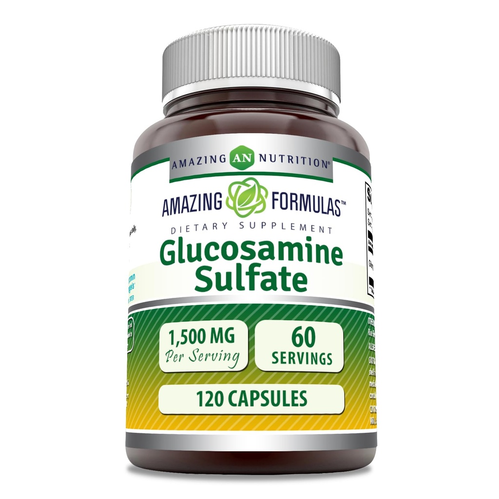 Formules étonnantes Supplément de sulfate de glucosamine $ 1500 Mg par service $ 120 Capsules $ Non-GMO $ Sans gluten $ Fabriqué aux États-Unis