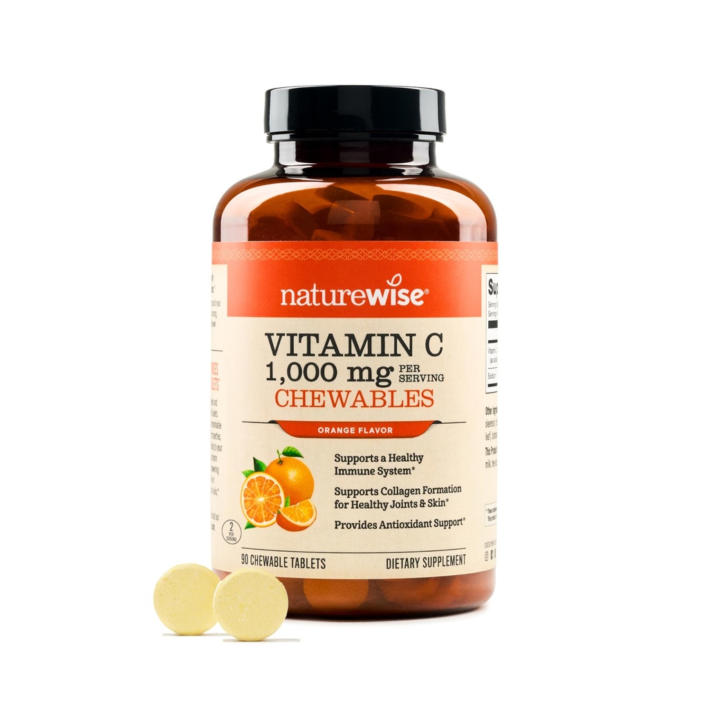 NatureWise Extra Strength Vitamine C Chewable 1000mg pour les adultes - Natural Orange Flavor - Système immunitaire et support antioxydant - Non-OGM, végétalien et sans sucre - 90 comprimés à croquer[45 jours]