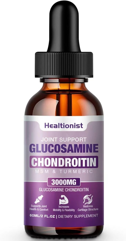 1 Pack Glucosamine Chondroïtine MSM gouttes liquides, Supplément de soutien articulaire supplémentaire pour adultes hommes et femmes, Quercetin Boswelia, Bromelain, Antioxydant Imune Support (2 Fl oz)
