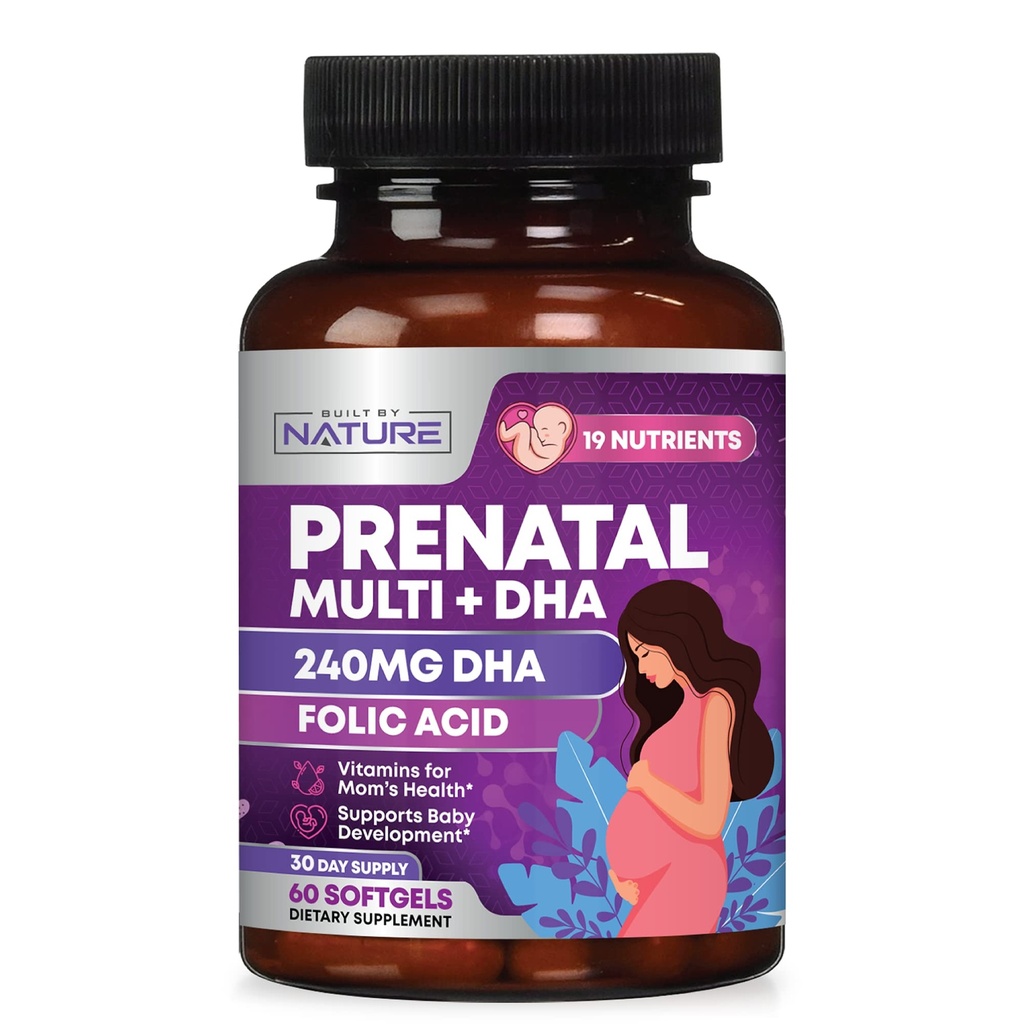Vitamines prénatales pour les femmes - Multivitamine avec DHA, acide folique, vitamine C, B12, fer et oméga-3 - Avant, pendant et après la grossesse Supplément pour la croissance saine et le développement du cerveau - 60 Softgels