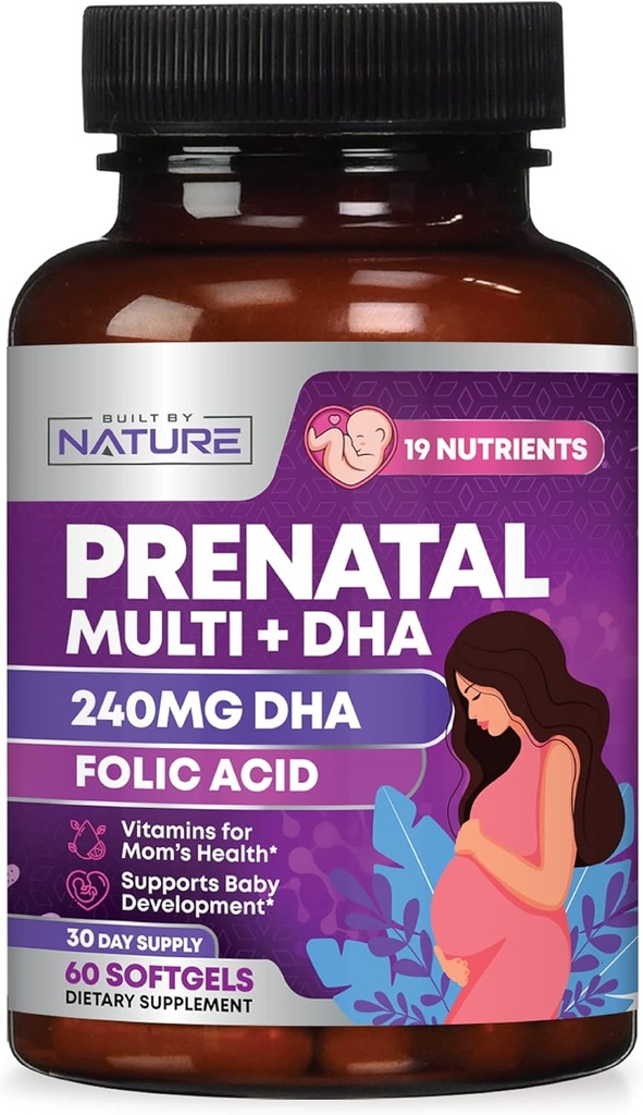 Vitamines prénatales pour les femmes - Multivitamine avec DHA, acide folique, vitamine C, B12, fer et oméga-3 - Avant, pendant et après la grossesse Supplément pour la croissance saine et le développement du cerveau - 60 Softgels