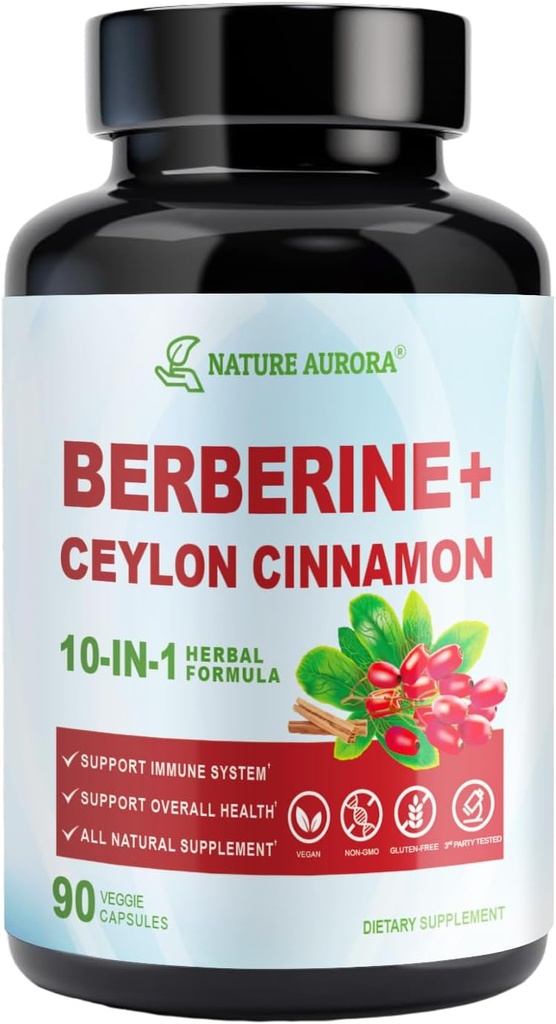 Supplément berbère avec Ceylan Cinnamon & Chromium Picolinate, 10-en-1 Berberine 1000mg par portion, Berberine 5X pour le métabolisme, le cœur et le soutien immunitaire (90 Capsules)