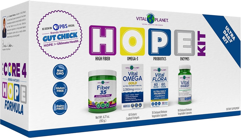 Vital Planet – Gut Check Hope Formula Kit par Brenda Watson - 4 produits avec Ultra Daily Probiotic 30 Cap, Fibre 35 Poudre 6.7oz, Huile Oméga Vital 60 Softgels et Enzyme Digestive 90 Cap