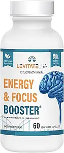 Levitate Energy & Focus Booster – Powerful Brain Performance Supplement - Improves Learning, Concentration, Memory - Organic Capsules - Energy Support Formula for Men & Women - 60 Count