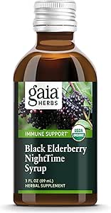 Gaia Herbs Black Elderberry, Sirop de nuit - Supplément de soutien immunitaire - avec des mûres noires biologiques, California Poppy & Lemon Baume pour le repos et la défense immunitaire - 3 Fl Oz (18 jours d'approvisionnement)