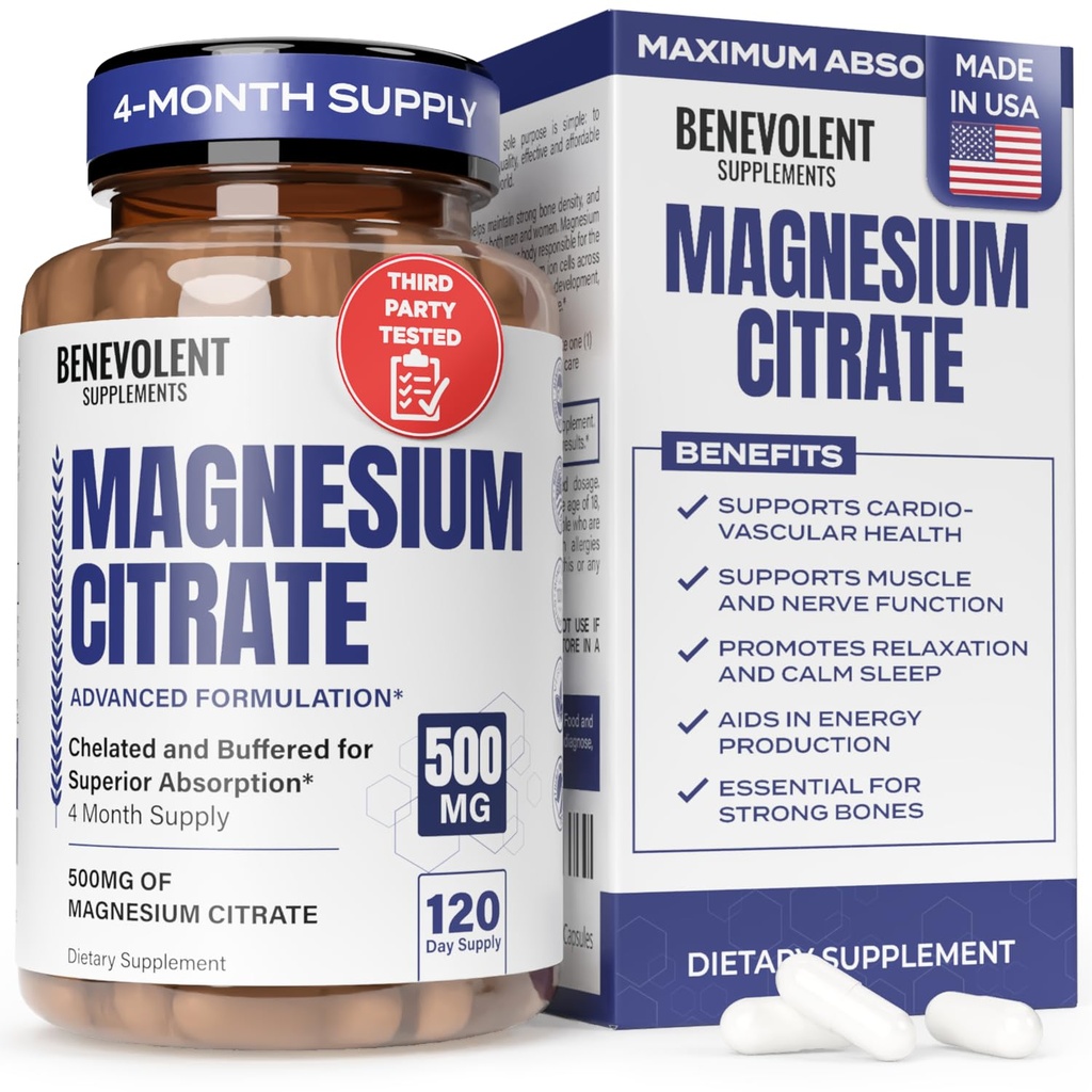 Citrate de magnésium Premium 500mg Capsules (Citrato de Magnesio) Formule haute absorption Citrate tamponné chélaté pour soutenir la digestion, les os, le sommeil et la santé musculaire - 120 Capsules