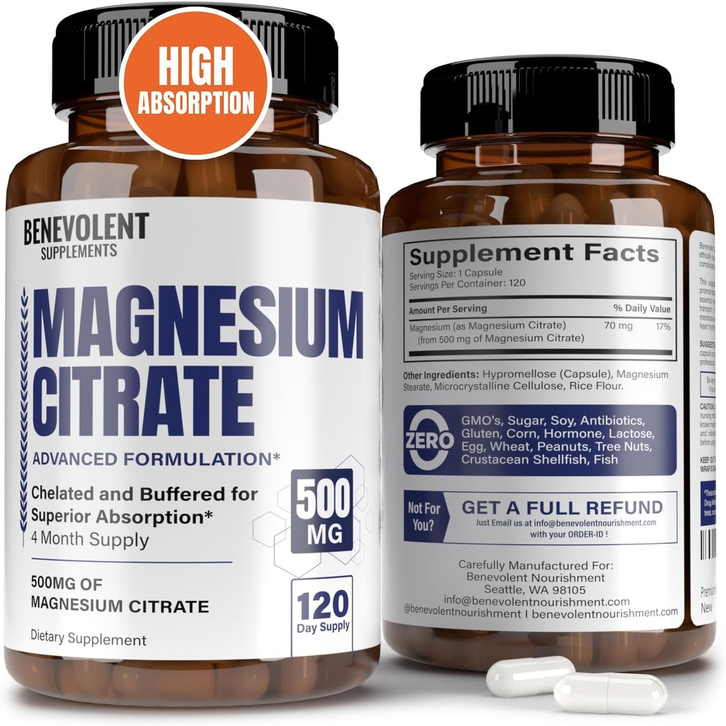 Citrate de magnésium Premium 500mg Capsules (Citrato de Magnesio) Formule haute absorption Citrate tamponné chélaté pour soutenir la digestion, les os, le sommeil et la santé musculaire - 120 Capsules