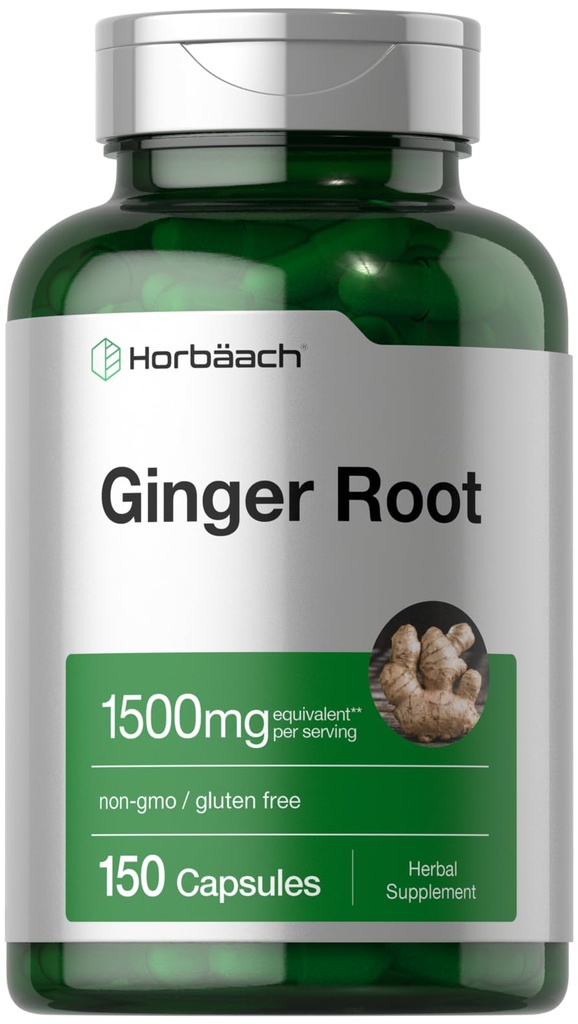 Horbäach Ginger Root Capsules 1500 mg , 150 pilules , sans OGM, sans gluten Extrait de racine de gingembre