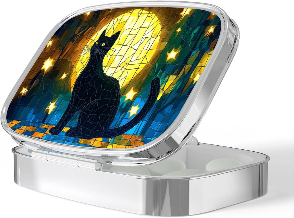 Pill Box-2 Compartiment petit cas de pilule portable pour Pocket & Purse Pill Carrier unique contenant de pilules pour contenir des vitamines Médicaments Huile de poisson et suppléments sans BPA (Chat de lune)