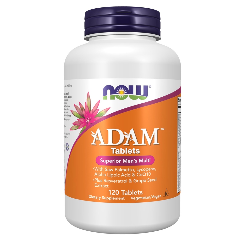 MAINTENANT compléments alimentaires, multivitamines masculines ADAMTM avec Palmetto de scie, Lycopène, acide alpha lipoïque et CoQ10, plus resvératrol naturel et extrait de graines de raisin, 120 comprimés