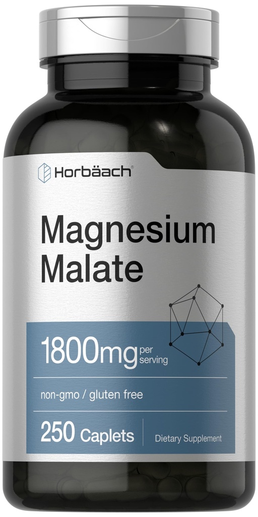 Horbäach Magnésium Malate , 1800mg 250 Caplets enduits , Végétarien, Non-OGM, Supplément sans gluten