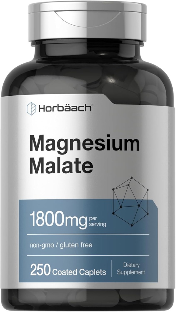 Horbäach Magnesium Malate | 1800mg | 250 Coated Caplets | Vegetarian, Non-GMO, Gluten Free Supplement