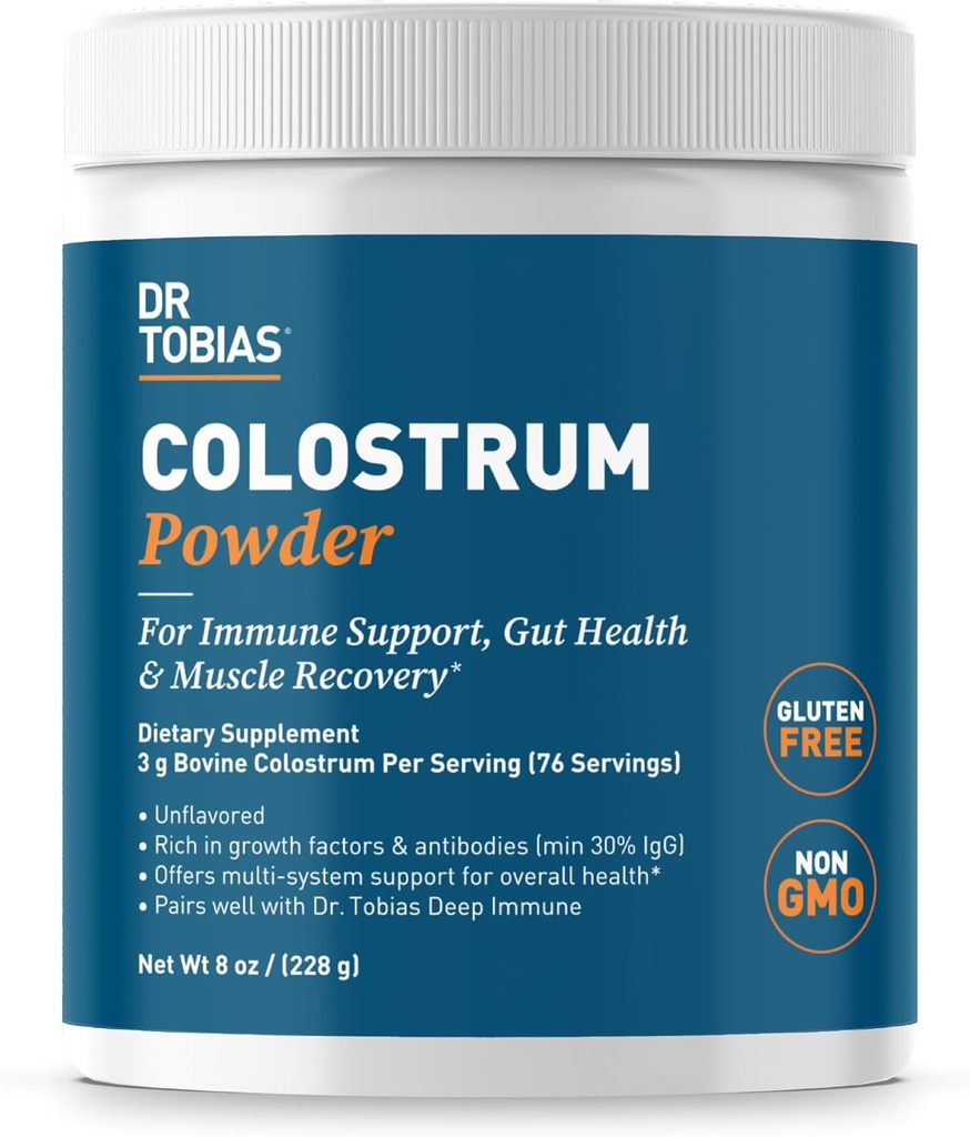 Dr Tobias Colostrum Powder, supplément bovin-coostrum premium pour le soutien immunitaire, la santé de Gut et la récupération musculaire, 3g par portion, minimum 30% IgG, non aromatisé, 8 oz, 76 portions