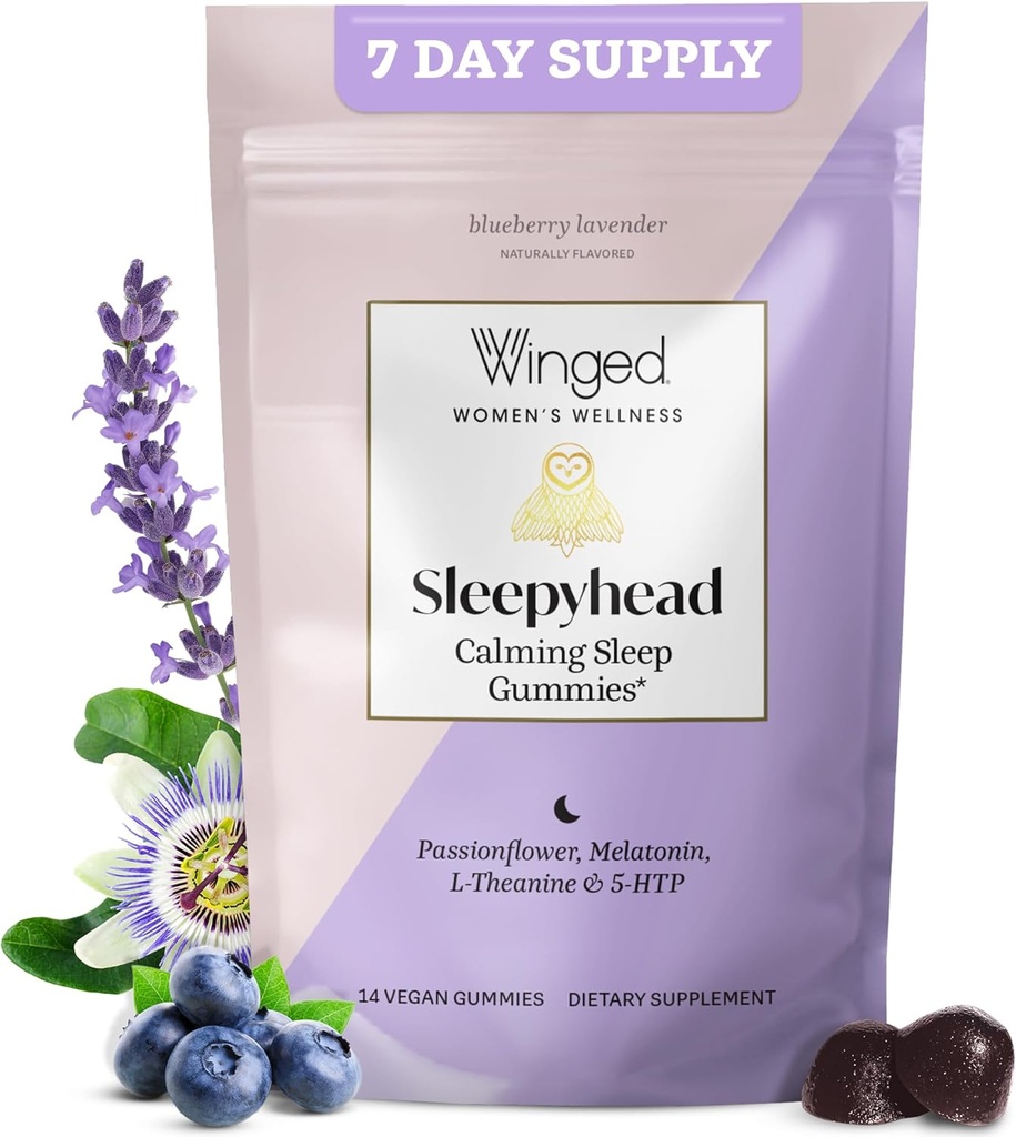 Bien-être ailé Sleepyhead Gommies de sommeil naturels pour les femmes - Aide au sommeil pour les adultes avec 3mg Melatonine, L-Theanine, 5-HTP - Supplément Gommy naturel - Blueberry Lavender, 14 Gommies végétaliens