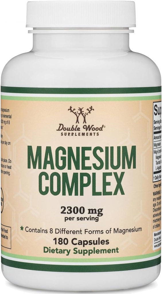 Supplément complexe de magnésium 180 capsules (426mg Magnésium élémentaire fourni par 2300mg de huit différentes formes de magnésium) MAG-8 Fournit une valeur recommandée de 100% de magnésium par jour par le double bois
